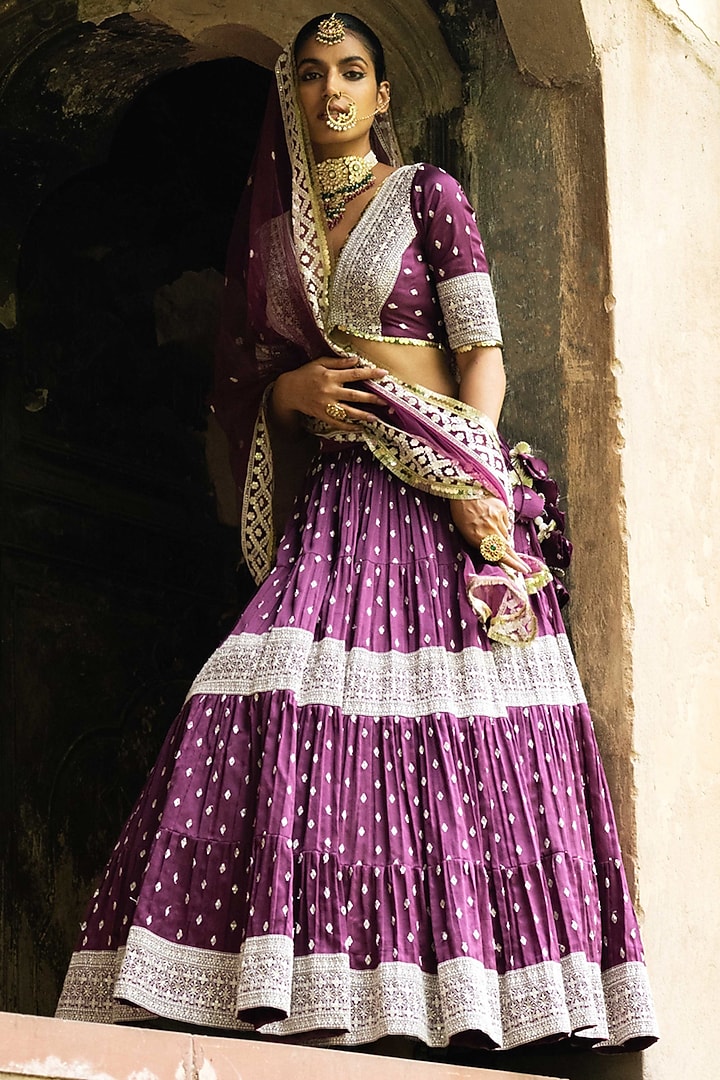 Wine Chanderi Silk Embroidered Wedding Lehenga Set by PREEVIN at Pernia's Pop Up Shop