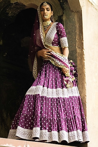 Wine Chanderi Silk Embroidered Lehenga Set by PREEVIN