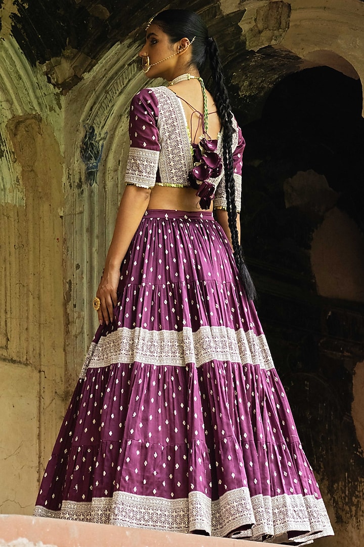 Wine Chanderi Silk Embroidered Wedding Lehenga Set by PREEVIN at Pernia's Pop Up Shop