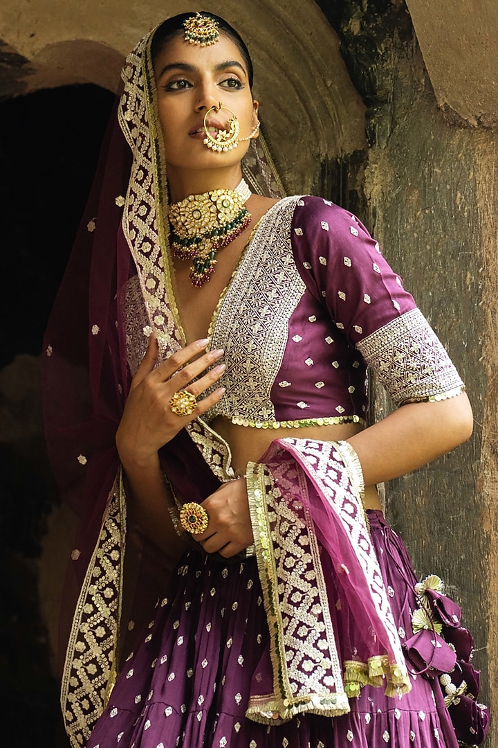 Wine Chanderi Silk Embroidered Wedding Lehenga Set by PREEVIN at Pernia's Pop Up Shop