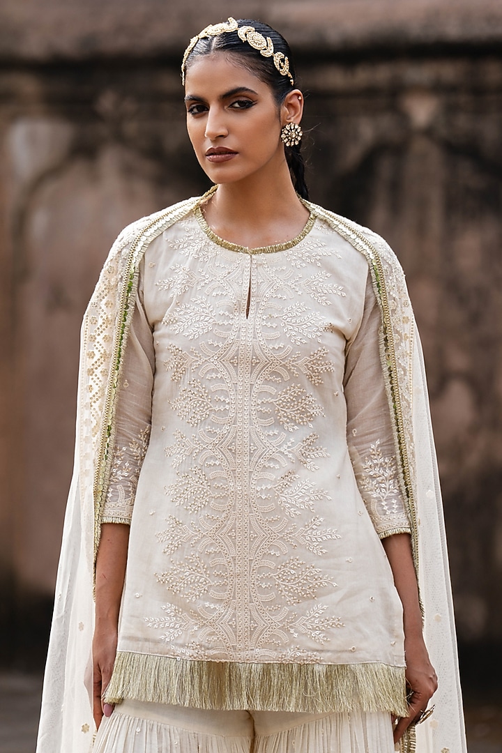 Off-White Cotton Shimmer Mulmul Embroidered Party Wear Sharara Set by PREEVIN at Pernia's Pop Up Shop