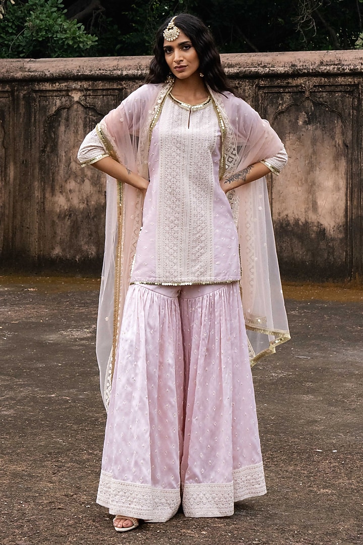 Onion Pink Chanderi Silk Embroidered Party Wear Sharara Set by PREEVIN at Pernia's Pop Up Shop