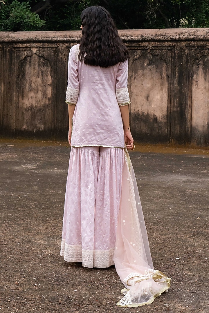 Onion Pink Chanderi Silk Embroidered Party Wear Sharara Set by PREEVIN at Pernia's Pop Up Shop