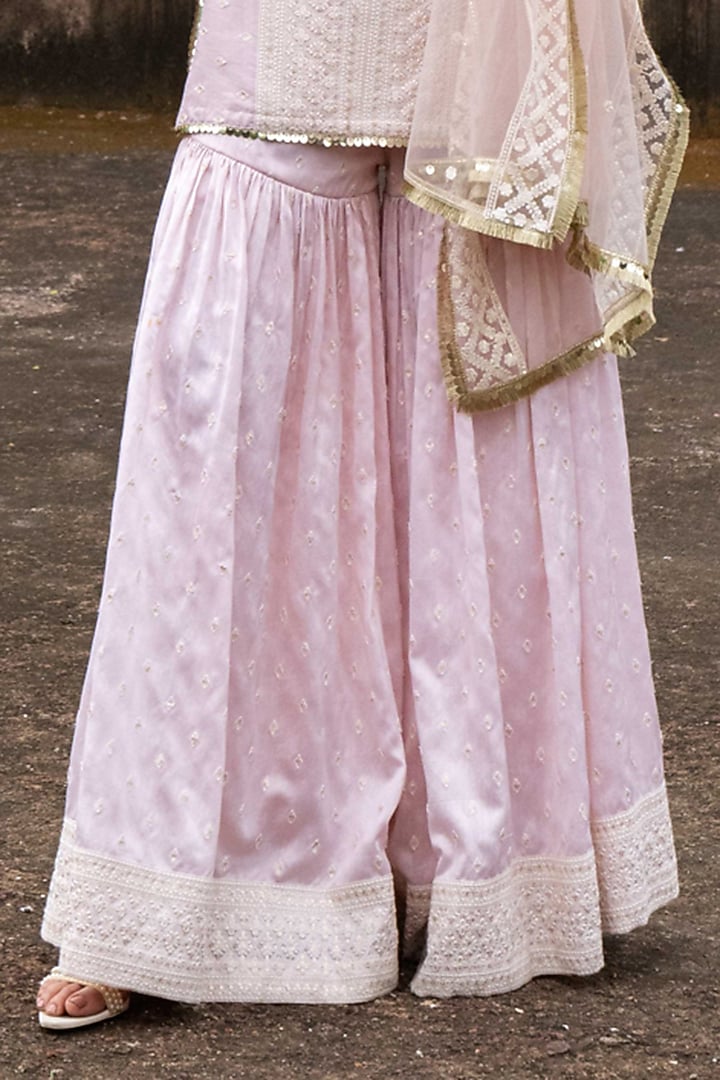 Onion Pink Chanderi Silk Embroidered Party Wear Sharara Set by PREEVIN at Pernia's Pop Up Shop