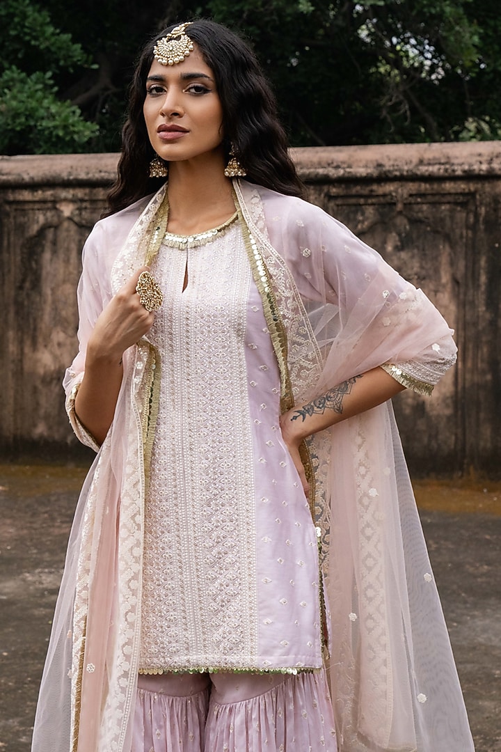 Onion Pink Chanderi Silk Embroidered Party Wear Sharara Set by PREEVIN at Pernia's Pop Up Shop