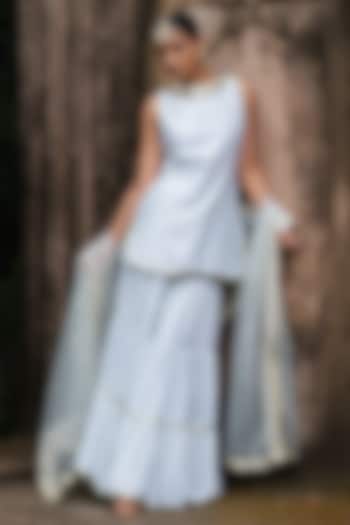 Ice Blue Chanderi Silk Embroidered Party Wear Sharara Set by PREEVIN at Pernia's Pop Up Shop