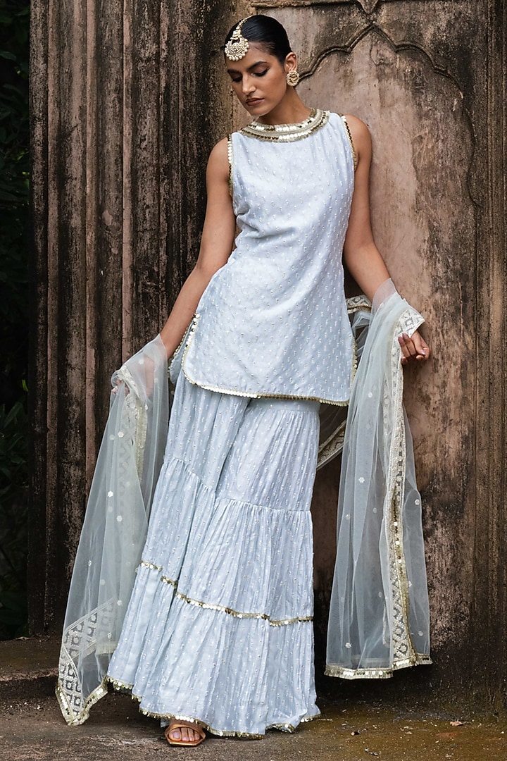 Ice Blue Chanderi Silk Embroidered Party Wear Sharara Set by PREEVIN at Pernia's Pop Up Shop