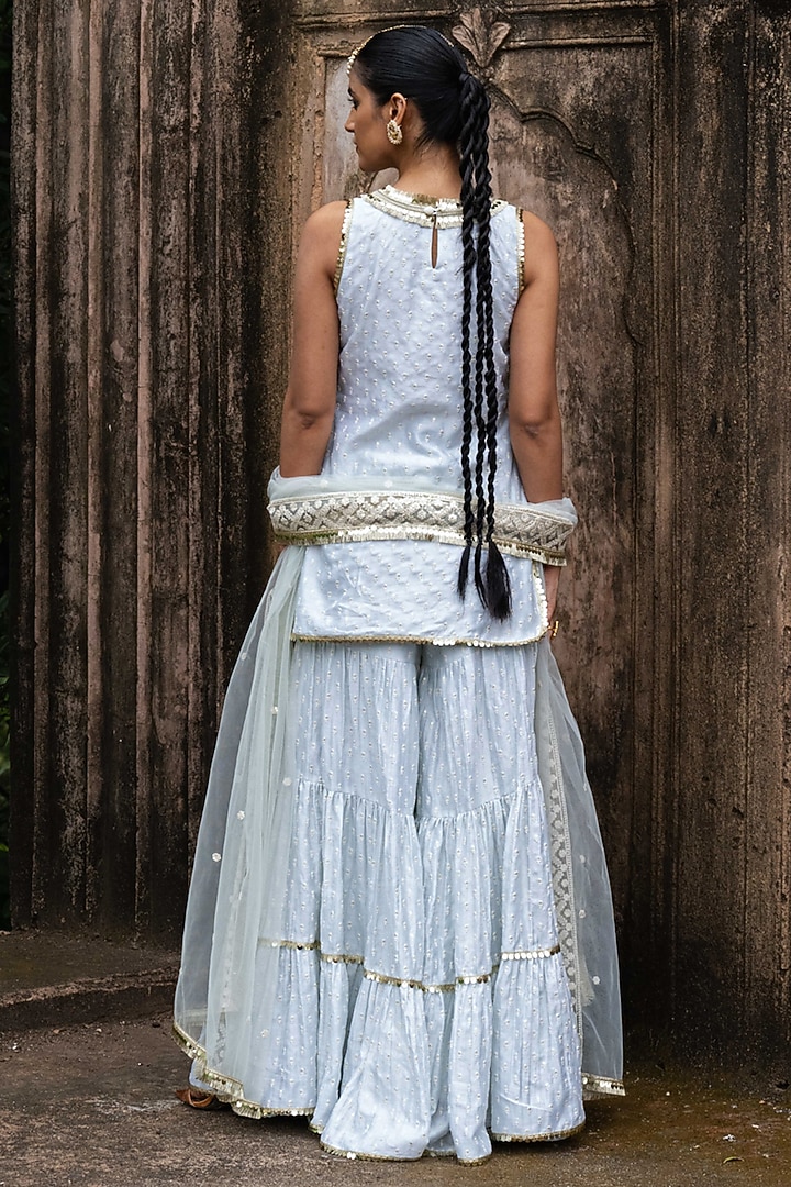 Ice Blue Chanderi Silk Embroidered Party Wear Sharara Set by PREEVIN at Pernia's Pop Up Shop