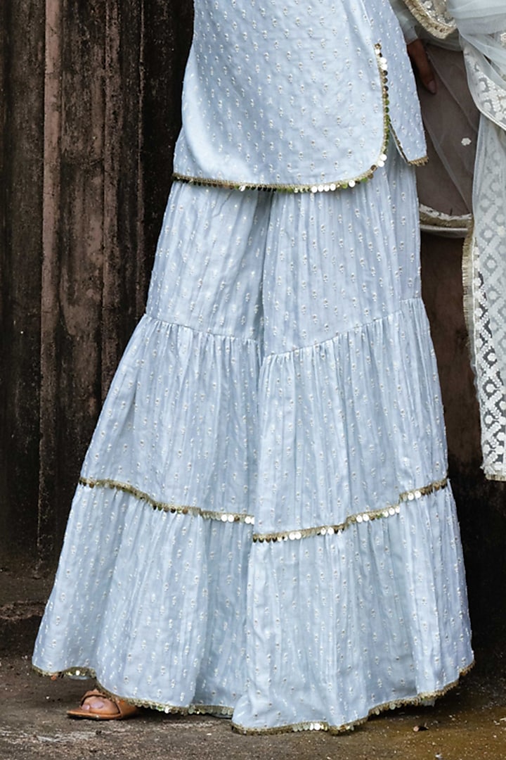 Ice Blue Chanderi Silk Embroidered Party Wear Sharara Set by PREEVIN at Pernia's Pop Up Shop
