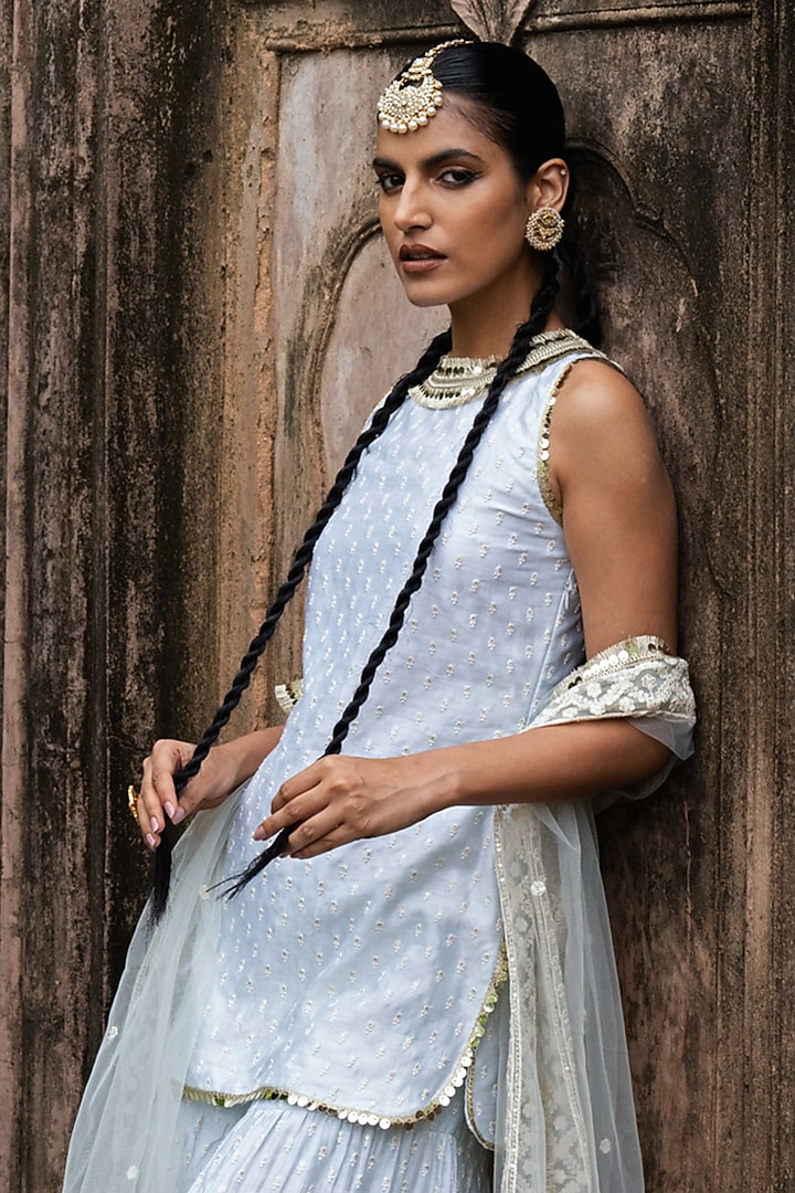 Ice Blue Chanderi Silk Embroidered Party Wear Sharara Set by PREEVIN at Pernia's Pop Up Shop
