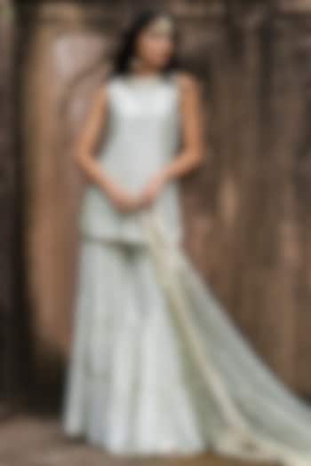 Mint Green Chanderi Silk Embroidered Party Wear Sharara Set by PREEVIN at Pernia's Pop Up Shop