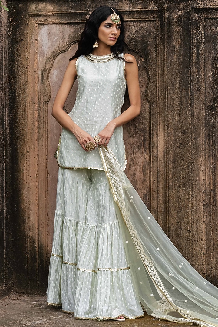 Mint Green Chanderi Silk Embroidered Party Wear Sharara Set by PREEVIN at Pernia's Pop Up Shop
