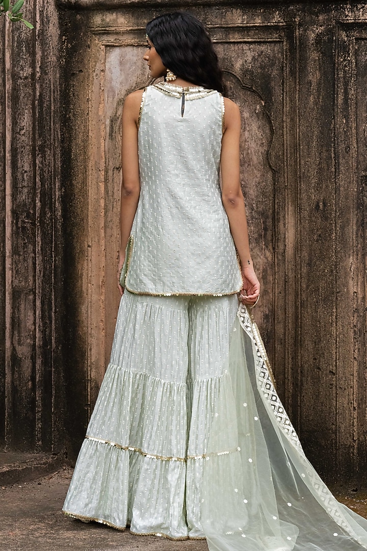 Mint Green Chanderi Silk Embroidered Party Wear Sharara Set by PREEVIN at Pernia's Pop Up Shop