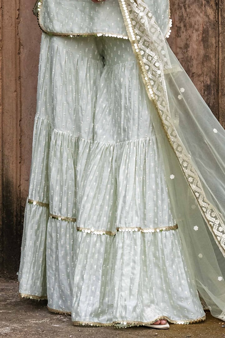 Mint Green Chanderi Silk Embroidered Party Wear Sharara Set by PREEVIN at Pernia's Pop Up Shop