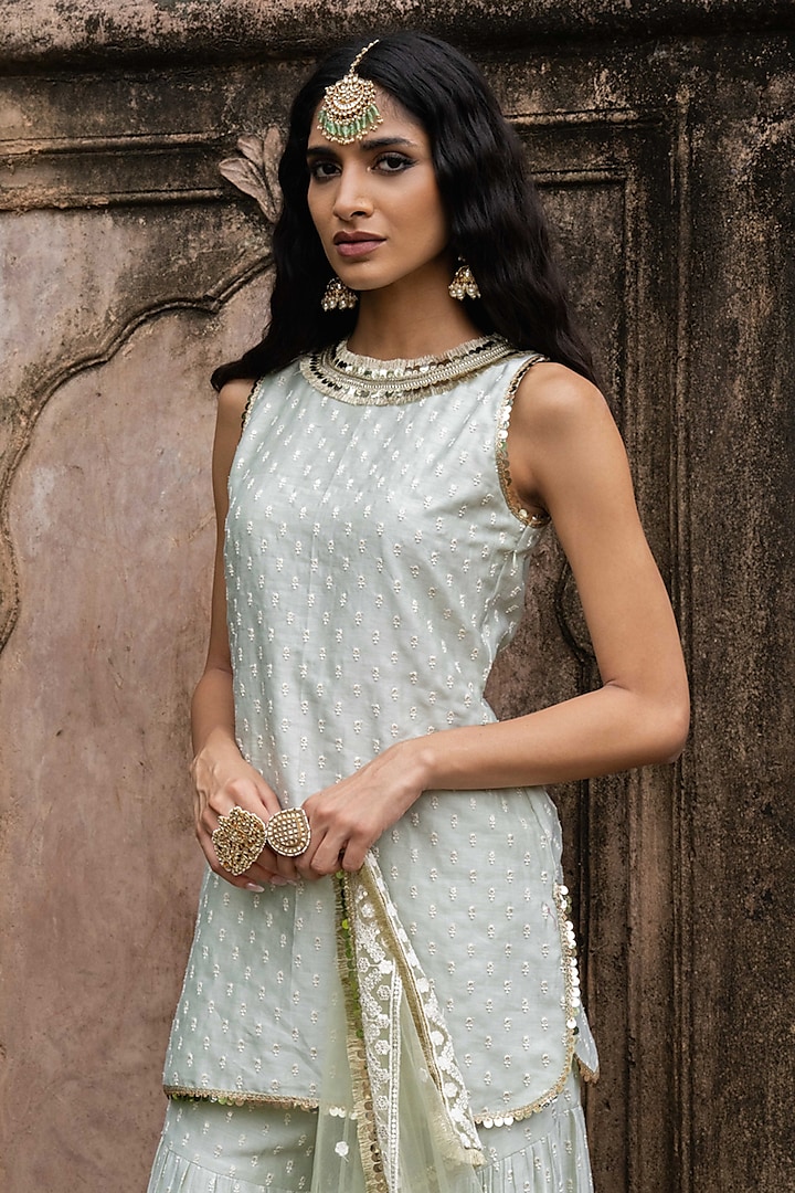 Mint Green Chanderi Silk Embroidered Party Wear Sharara Set by PREEVIN at Pernia's Pop Up Shop