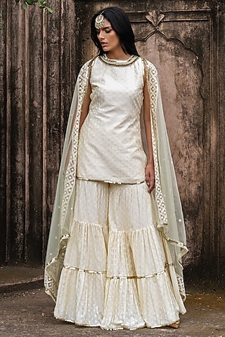Lemon Chanderi Silk Embroidered Sharara Set by PREEVIN