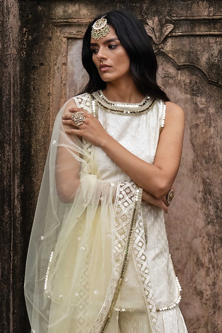 Lemon Chanderi Silk Embroidered Party Wear Sharara Set by PREEVIN at Pernia's Pop Up Shop