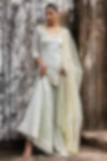 Mint Green Chanderi Silk Embroidered Party Wear Sharara Set by PREEVIN at Pernia's Pop Up Shop