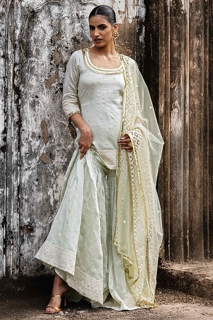 Mint Green Chanderi Silk Embroidered Party Wear Sharara Set by PREEVIN at Pernia's Pop Up Shop