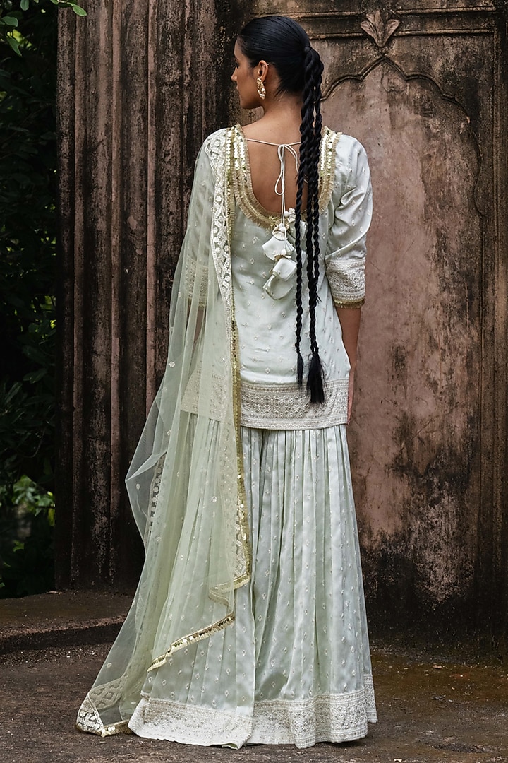 Mint Green Chanderi Silk Embroidered Party Wear Sharara Set by PREEVIN at Pernia's Pop Up Shop
