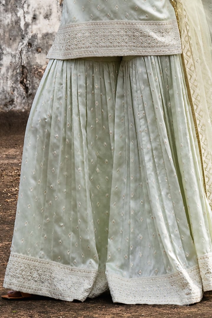 Mint Green Chanderi Silk Embroidered Party Wear Sharara Set by PREEVIN at Pernia's Pop Up Shop