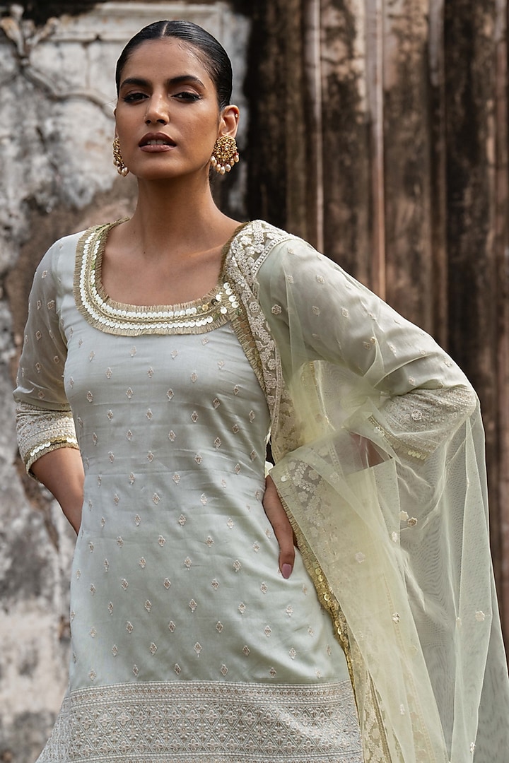 Mint Green Chanderi Silk Embroidered Party Wear Sharara Set by PREEVIN at Pernia's Pop Up Shop