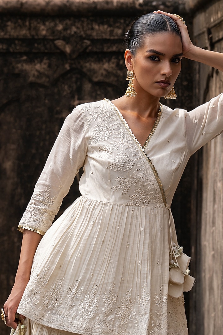 Off-White Shimmer Mulmul Embroidered Party Wear Sharara Set by PREEVIN at Pernia's Pop Up Shop
