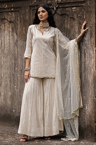 Off-White Cotton Shimmer Mulmul Embroidered Sharara Set by PREEVIN