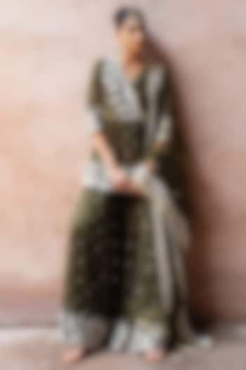 Olive Chanderi Silk Embroidered Party Wear Sharara Set by PREEVIN at Pernia's Pop Up Shop