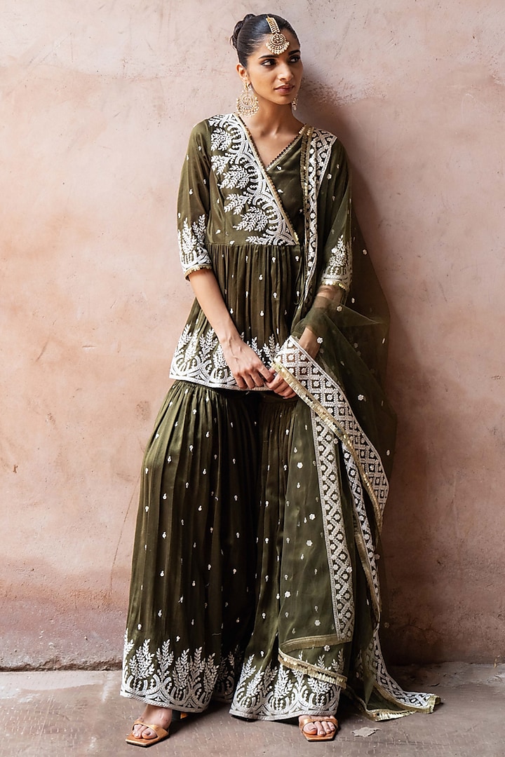 Olive Chanderi Silk Embroidered Party Wear Sharara Set by PREEVIN at Pernia's Pop Up Shop