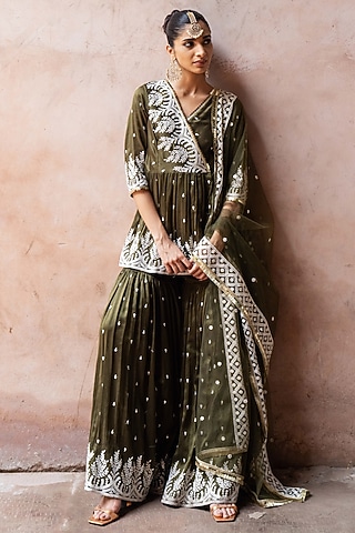 Olive Chanderi Silk Embroidered Sharara Set by PREEVIN
