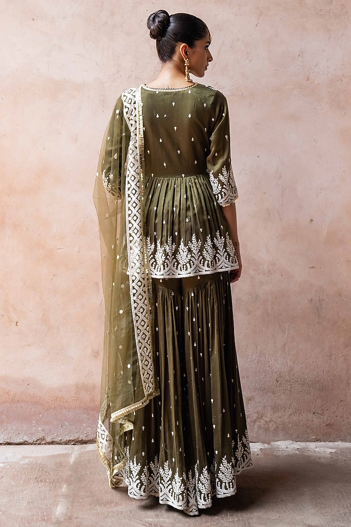Olive Chanderi Silk Embroidered Party Wear Sharara Set by PREEVIN at Pernia's Pop Up Shop