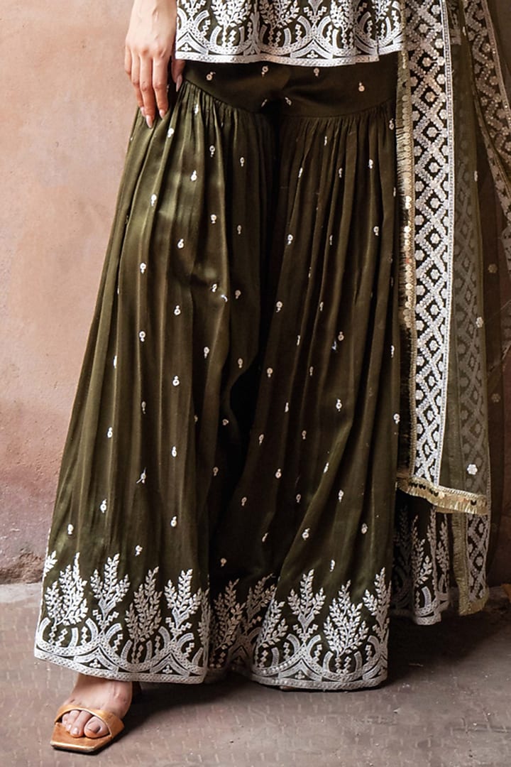 Olive Chanderi Silk Embroidered Party Wear Sharara Set by PREEVIN at Pernia's Pop Up Shop