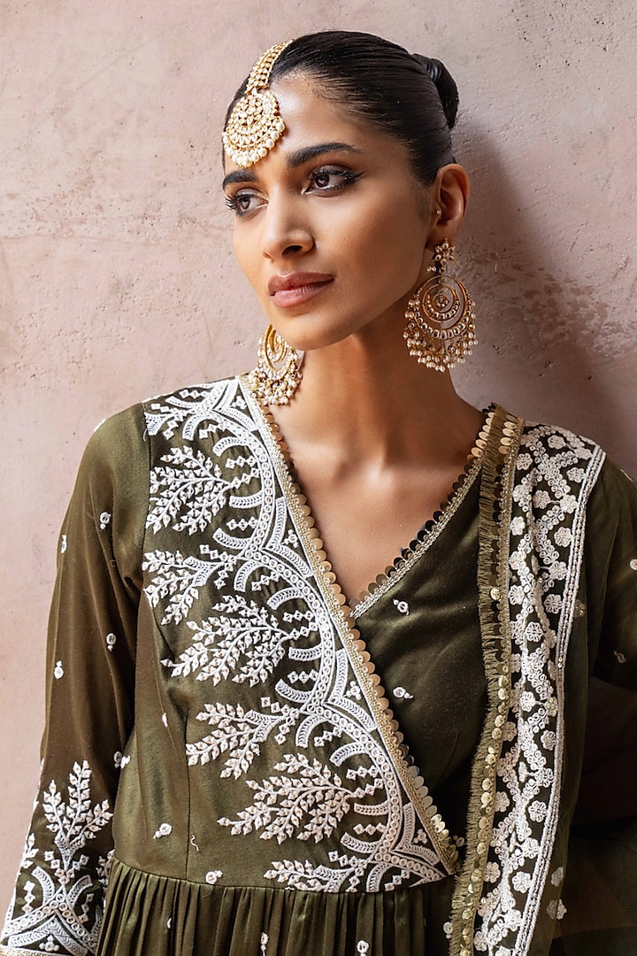 Olive Chanderi Silk Embroidered Party Wear Sharara Set by PREEVIN at Pernia's Pop Up Shop