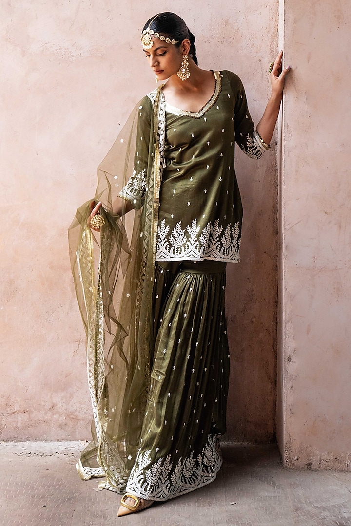 Olive Chanderi Silk Embroidered Party Wear Sharara Set by PREEVIN at Pernia's Pop Up Shop
