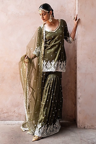 Olive Chanderi Silk Embroidered Sharara Set by PREEVIN