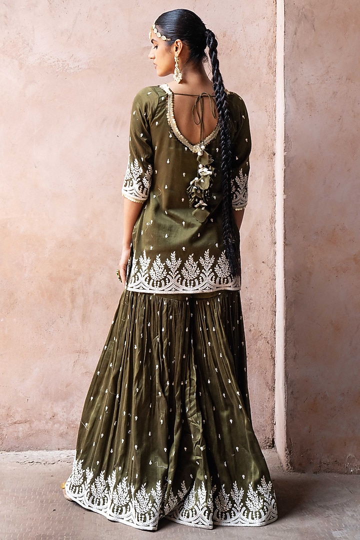 Olive Chanderi Silk Embroidered Party Wear Sharara Set by PREEVIN at Pernia's Pop Up Shop
