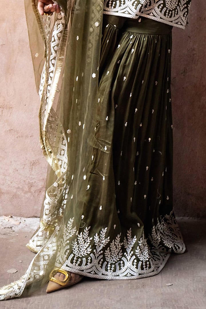 Olive Chanderi Silk Embroidered Party Wear Sharara Set by PREEVIN at Pernia's Pop Up Shop