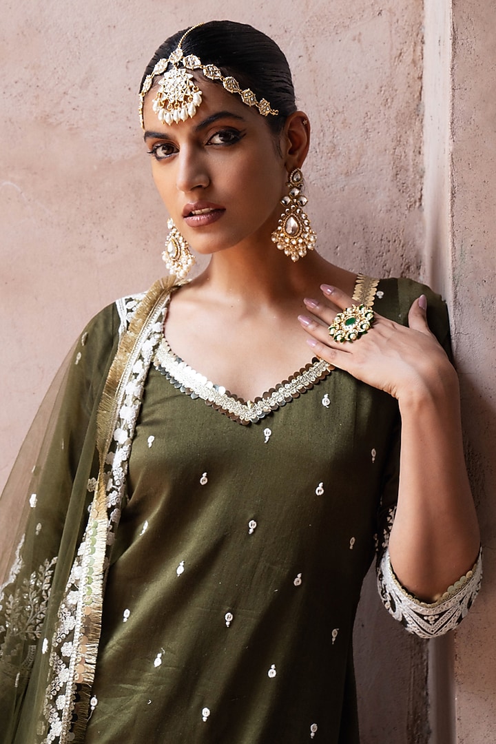 Olive Chanderi Silk Embroidered Party Wear Sharara Set by PREEVIN at Pernia's Pop Up Shop