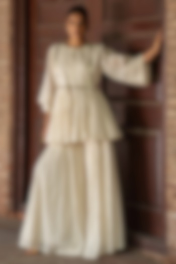 Off-White Cotton Shimmer Mulmul Embroidered Party Wear Sharara Set by PREEVIN at Pernia's Pop Up Shop