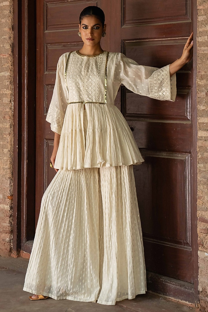 Off-White Cotton Shimmer Mulmul Embroidered Party Wear Sharara Set by PREEVIN at Pernia's Pop Up Shop