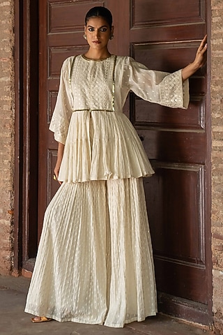 Off-White Cotton Shimmer Mulmul Embroidered Sharara Set by PREEVIN
