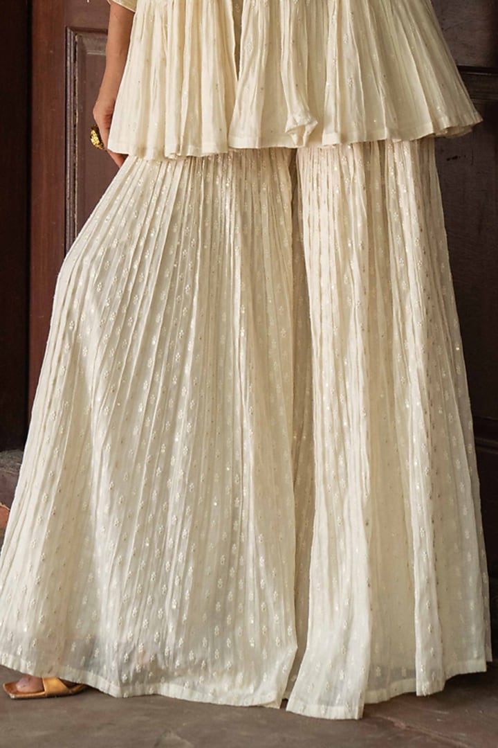 Off-White Cotton Shimmer Mulmul Embroidered Party Wear Sharara Set by PREEVIN at Pernia's Pop Up Shop