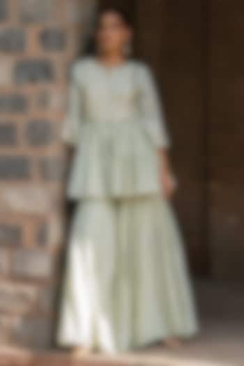 Mint Green Chanderi Silk Embroidered Party Wear Sharara Set by PREEVIN at Pernia's Pop Up Shop