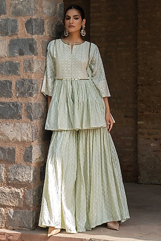 Mint Green Chanderi Silk Embroidered Sharara Set by PREEVIN