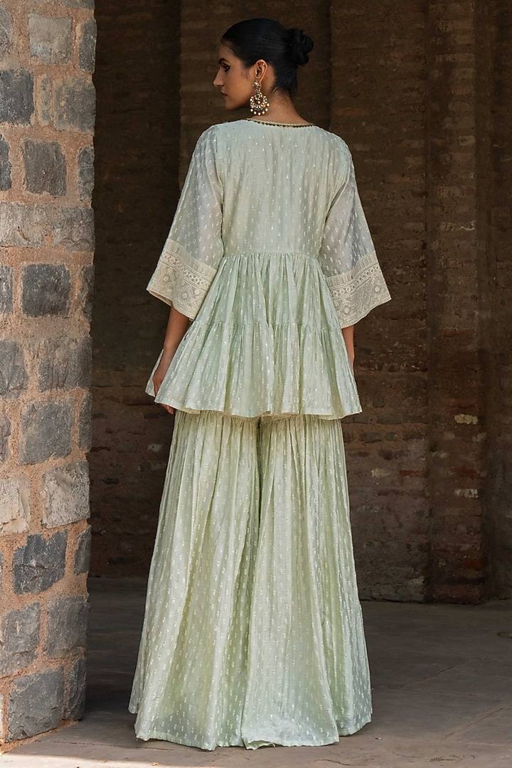 Mint Green Chanderi Silk Embroidered Party Wear Sharara Set by PREEVIN at Pernia's Pop Up Shop