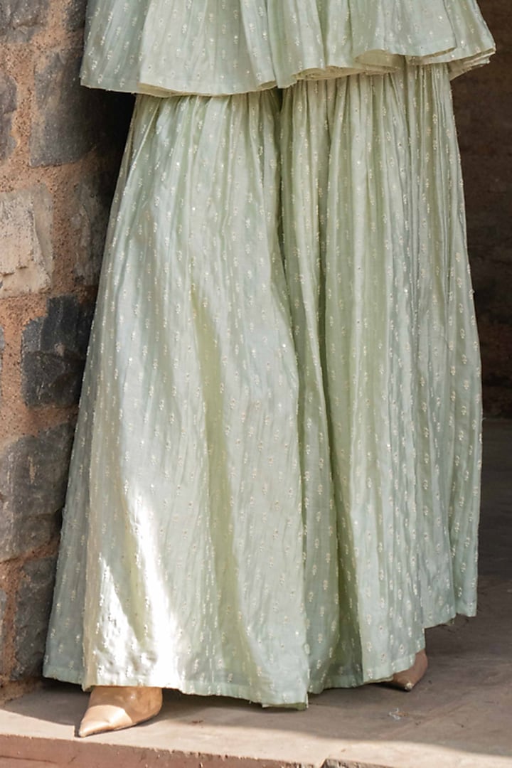 Mint Green Chanderi Silk Embroidered Party Wear Sharara Set by PREEVIN at Pernia's Pop Up Shop