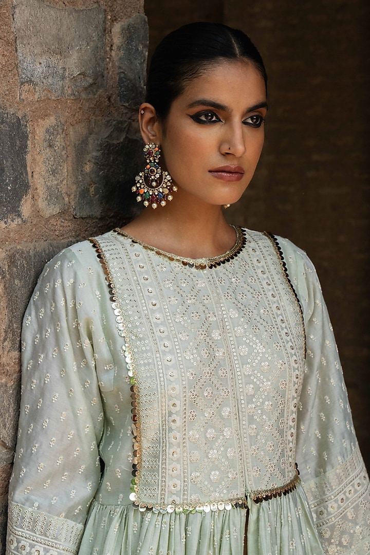Mint Green Chanderi Silk Embroidered Party Wear Sharara Set by PREEVIN at Pernia's Pop Up Shop