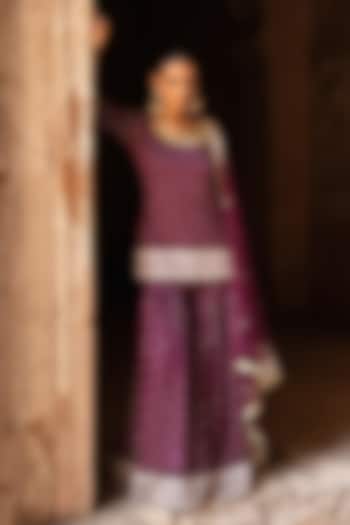 Wine Chanderi Silk Embroidered Party Wear Sharara Set by PREEVIN at Pernia's Pop Up Shop