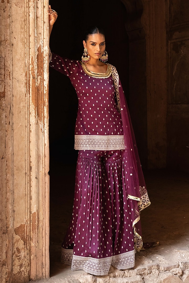 Wine Chanderi Silk Embroidered Party Wear Sharara Set by PREEVIN at Pernia's Pop Up Shop